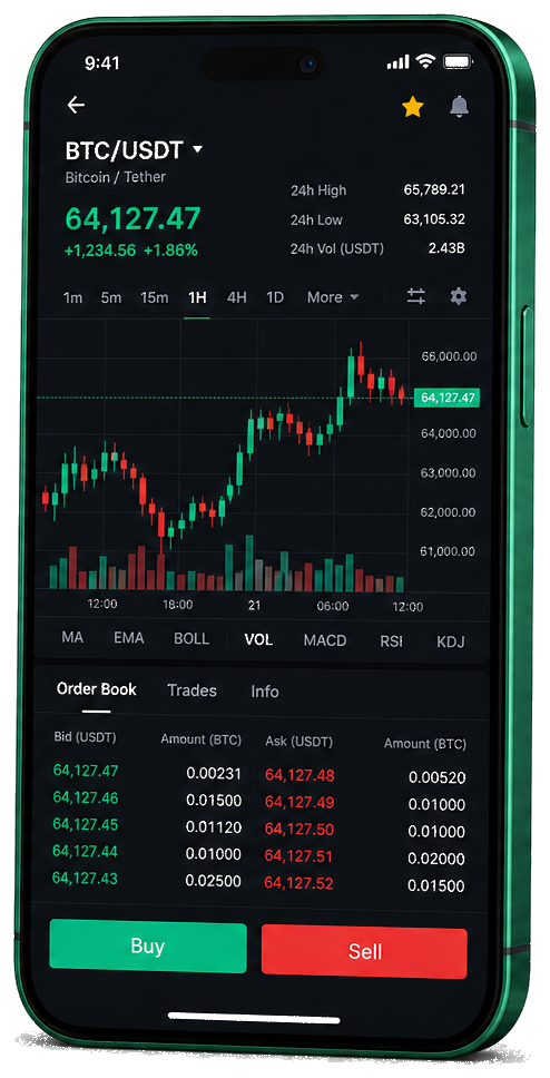 Mobilna trgovačka platforma Uspjeh Upravov — uživo prikaz BTC/USDT grafikona, knjige naloga i sučelja za kupnju i prodaju